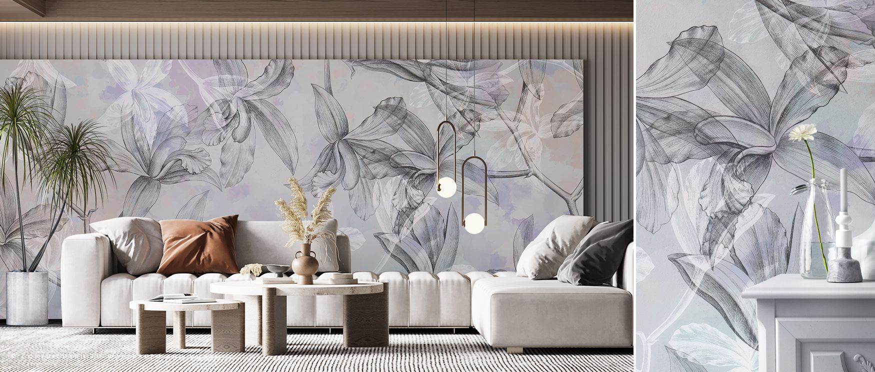 Gentle lilac and ivory shades ripple through Orchids on Water in Purple Accent Wallpaper, creating motion within calm. Each blossom reflects tranquility and depth, filling interiors with quiet grace. The design harmonizes water and flower imagery, offerin