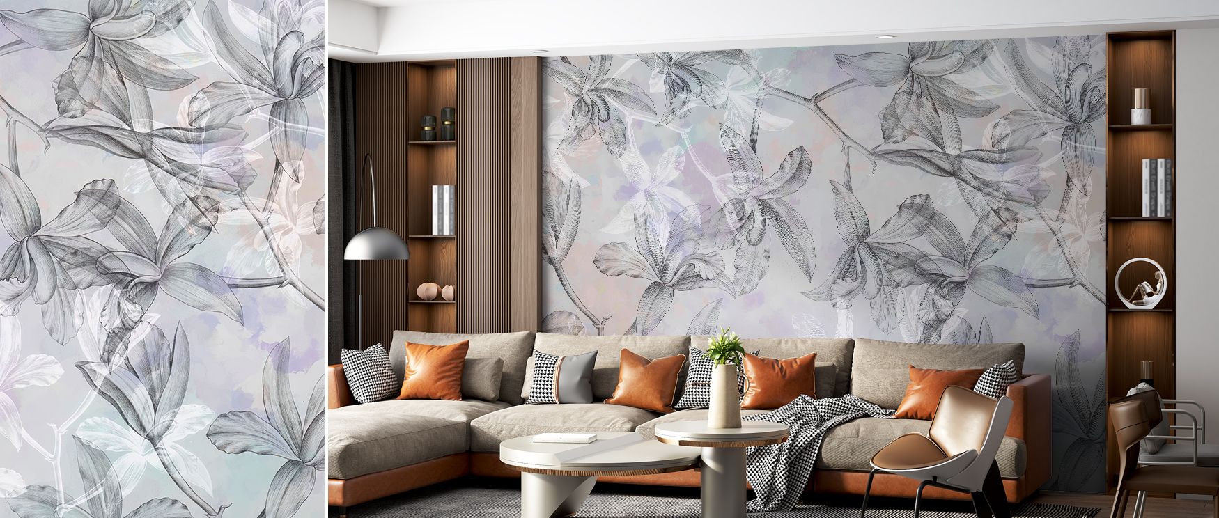 Muted tones of violet and pearl flow through Orchids on Water in Purple Accent Wallpaper, reflecting the softness of light and emotion. Each orchid’s contour glows in stillness, evoking serenity. The mural embodies calm elegance, turning interiors into lu