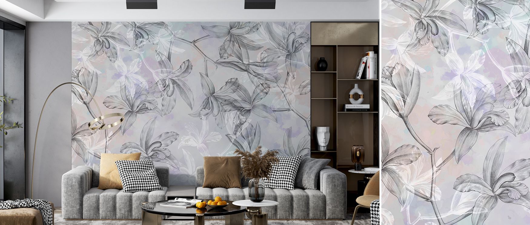 Reflections shimmer lightly through Orchids on Water in Purple Accent Wallpaper, capturing floral tranquility. Each petal floats gracefully across tone and shadow, creating calm unity. The mural invites peaceful energy, enriching interiors with harmony an