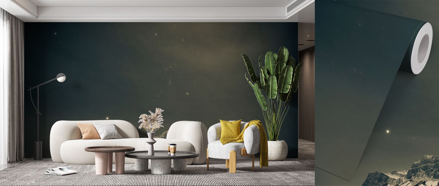 Shades of midnight and silver flow through Orion Dark Wallpaper, revealing the universe in poetic form. Each glimmer feels alive, expressing timeless beauty. The mural’s interplay of light and shadow transforms interiors into sanctuaries of calm and cosmi