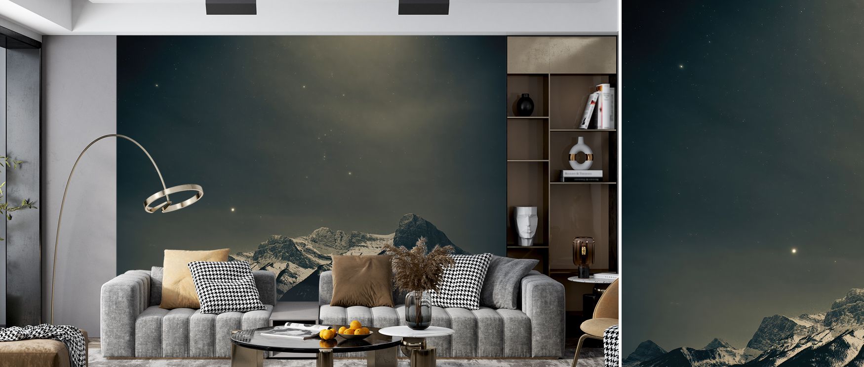 Brilliant points of light scatter across Orion Dark Wallpaper, evoking the silence of the cosmos. The mural captures movement within stillness, enhancing interiors with depth and awe. Each gradient reveals emotion, turning walls into peaceful cosmic lands