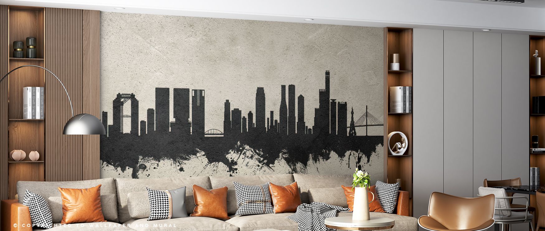 Gradations of misted gray glide through Osaka Skyline Concrete Wallpaper, forming depth and light. Each silhouette blends smoothly, radiating calm confidence. The mural creates atmosphere through tone, perfect for interiors seeking quiet strength and mini
