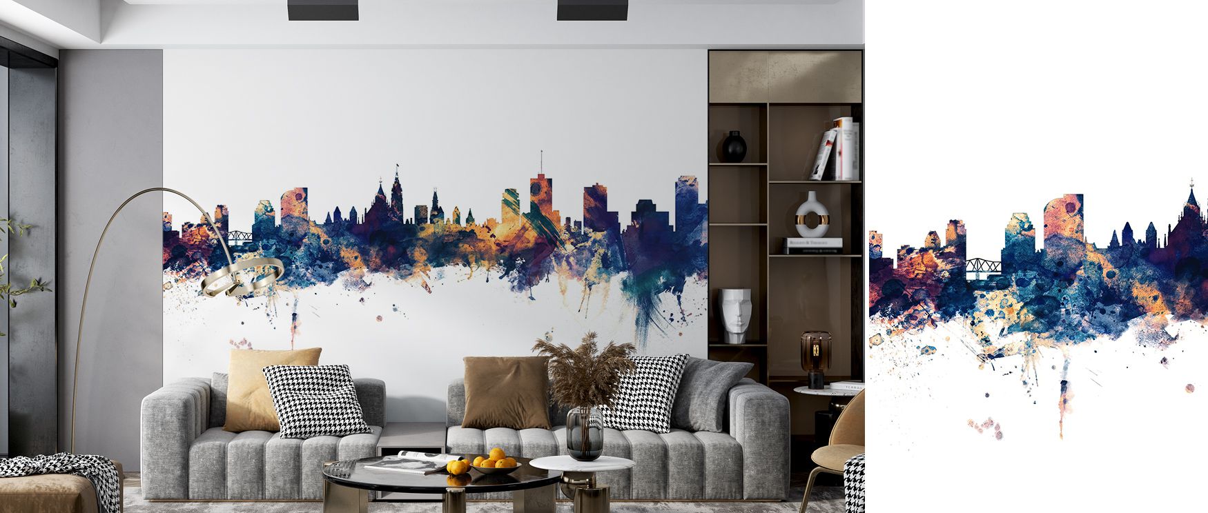 Delicate gradients of bronze and blue sweep through Ottawa Canada Skyline Blue & Bronze Wallpaper, forming compositional unity. The skyline radiates stillness and modernity, adding dimension to interiors. Each tone conveys calm and grace, turning walls in