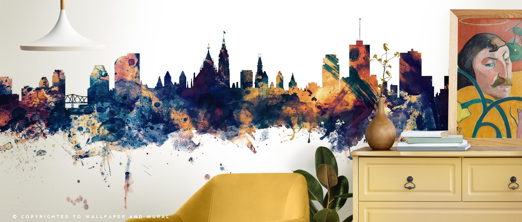 Muted metallic hues define Ottawa Canada Skyline Blue & Bronze Wallpaper, expressing tranquility through structure. Each silhouette rises in symmetry and balance, creating visual rhythm. The mural brings quiet composure, enriching interiors with subtle gr