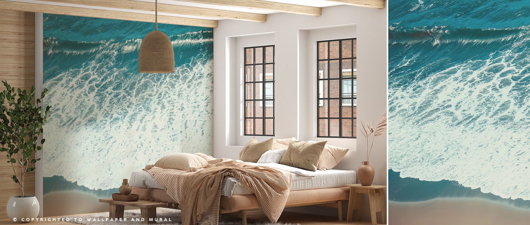 Pale aqua tones sweep through Pacific Afternoon Wallpaper, capturing motion in stillness. Each wave adds texture and rhythm, creating harmony between movement and peace. The mural conveys fluid serenity, turning walls into reflections of coastal simplicit