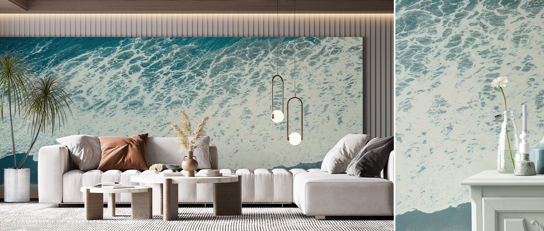 Hues of pearl and aqua drift through Pacific Afternoon Wallpaper, creating balance between texture and space. Each gentle motion suggests quiet elegance, offering interiors serenity. The mural celebrates light and flow, enriching rooms with atmosphere and