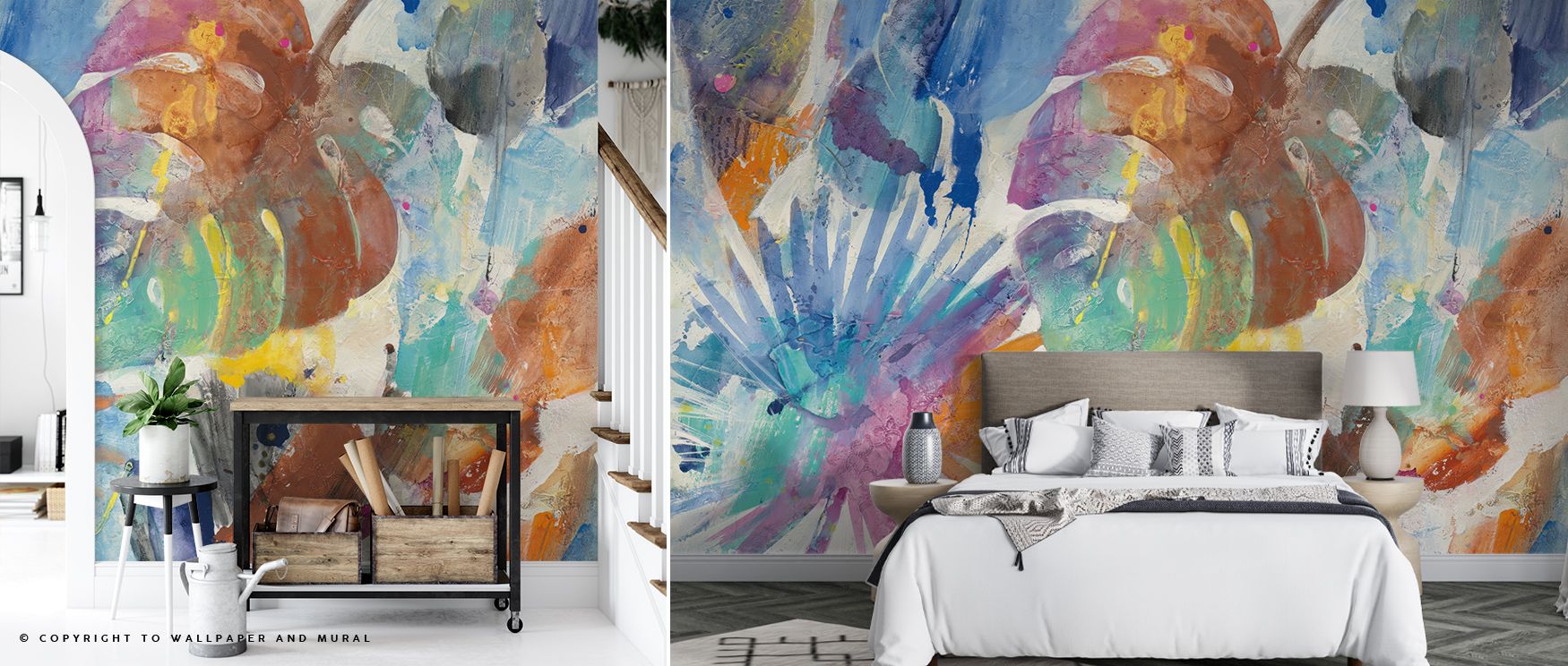 Shimmering greens cascade through Palm Abstract Wallpaper, forming an interplay of texture and movement. Each frond captures light gently, radiating peace and vibrance. The mural turns interiors into tropical sanctuaries filled with color, rhythm, and bal