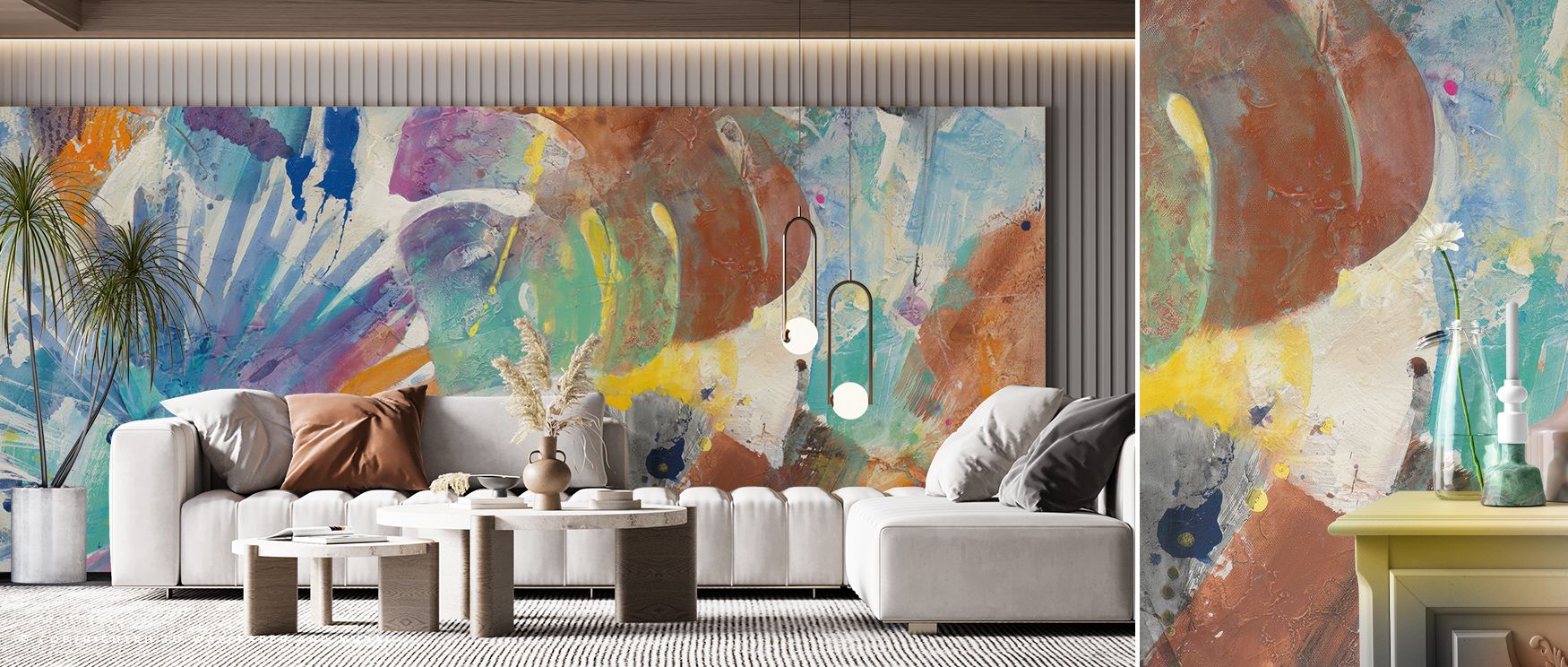 Lush foliage patterns unfold across Palm Abstract Wallpaper, merging color and motion. Each frond glows with freshness, creating tranquil vibrance. The mural enhances walls with texture and depth, embodying the serenity of tropical nature through controll