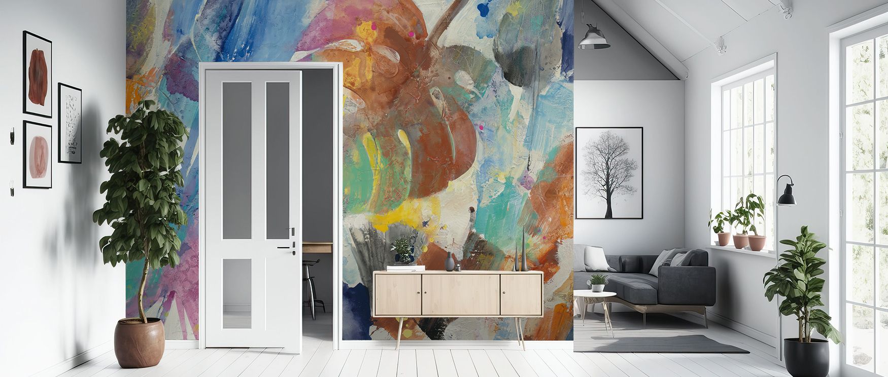 Radiant greens glide through Palm Abstract Wallpaper, evoking tropical sunlight and balance. Each shape conveys vitality and precision, creating design motion. The mural enriches interiors with brightness and serenity, turning walls into harmonious displa