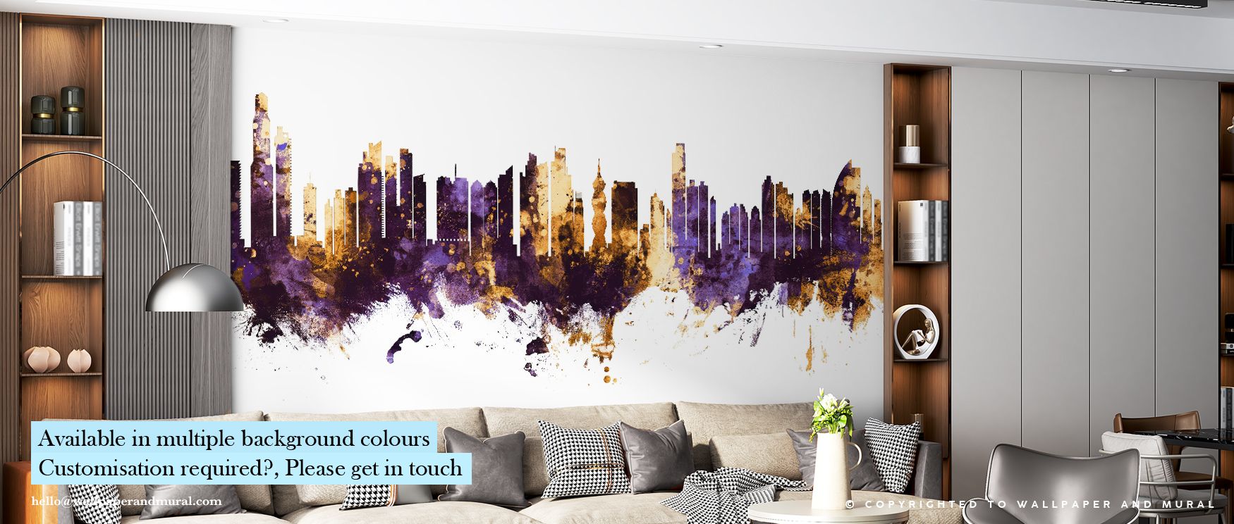 Subtle transitions of purple and gold define Panama City Skyline Purple & Gold Wallpaper, expressing serenity and modern grandeur. Each layer shimmers gently, reflecting balance between strength and stillness. The mural enhances interiors with warmth and 