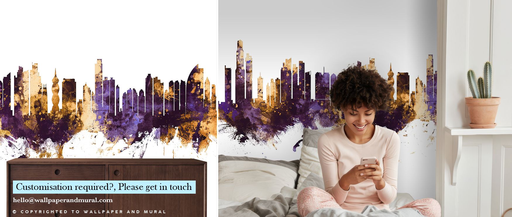 Dusky violet tones merge with metallic gleam in Panama City Skyline Purple & Gold Wallpaper, forming harmony between architecture and artistry. Each building appears sculpted by light, enriching interiors with composure and calm. The mural radiates elegan