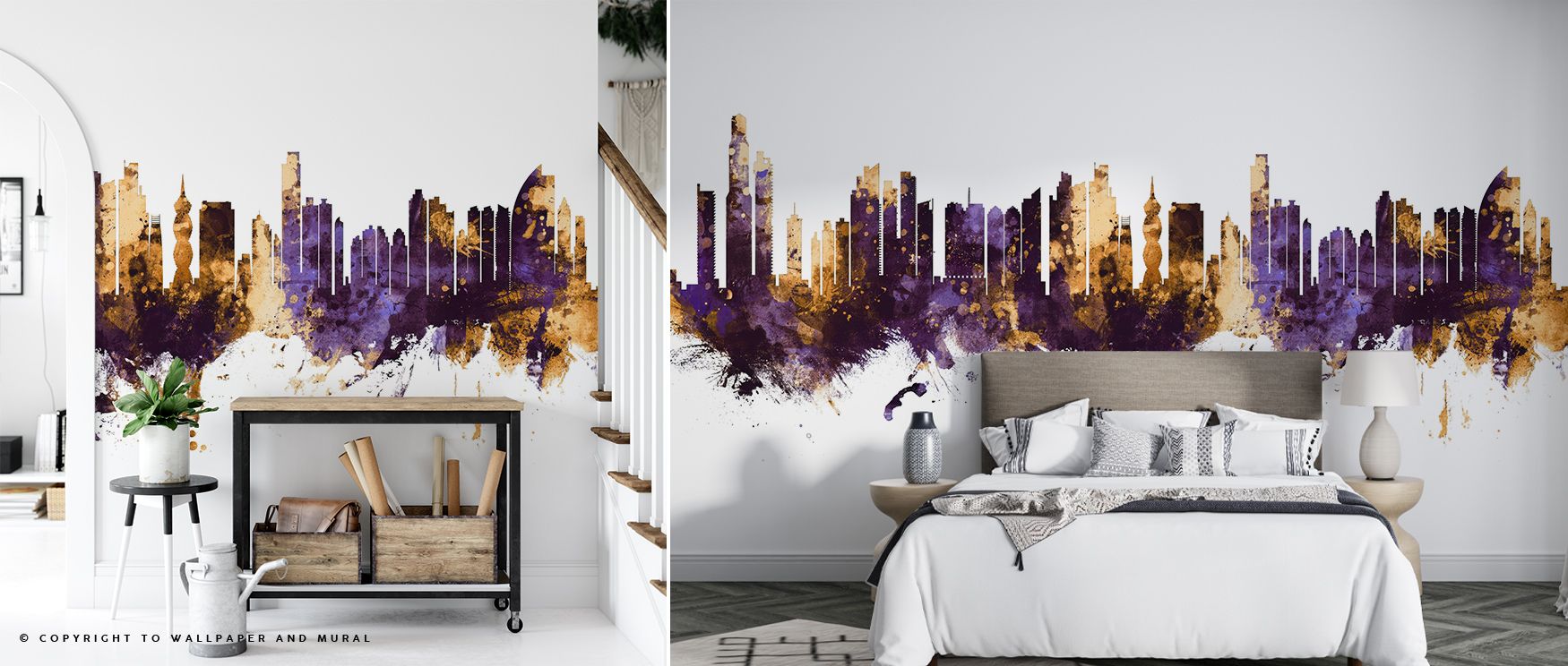 Soft gradients of plum and bronze illuminate Panama City Skyline Purple & Gold Wallpaper, evoking movement and proportion. The skyline glows subtly, filling interiors with refinement and calm. The mural adds tone and serenity, creating rhythm and visual t