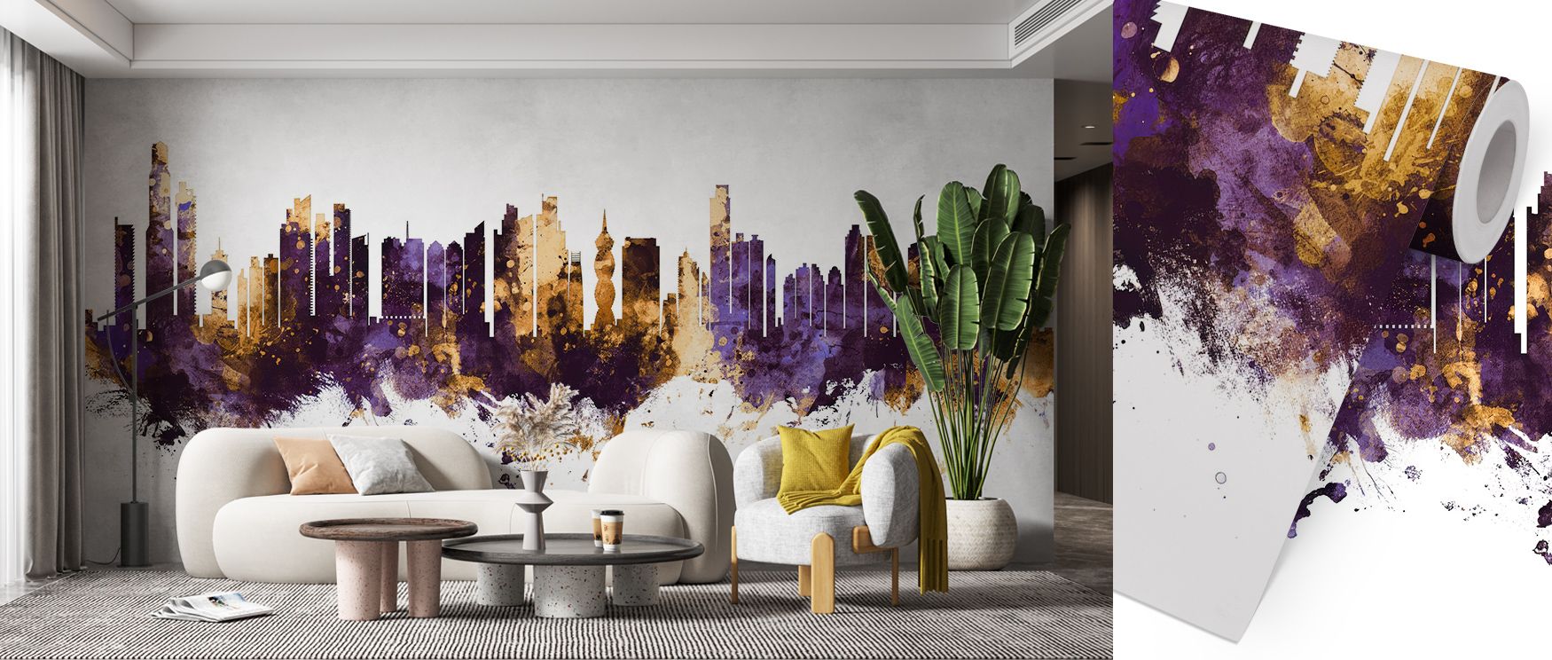 Radiant reflections of gold glide through Panama City Skyline Purple & Gold Wallpaper, blending light and depth. Each silhouette feels luminous and poised, transforming interiors with warmth and proportion. The mural captures architecture’s rhythm through