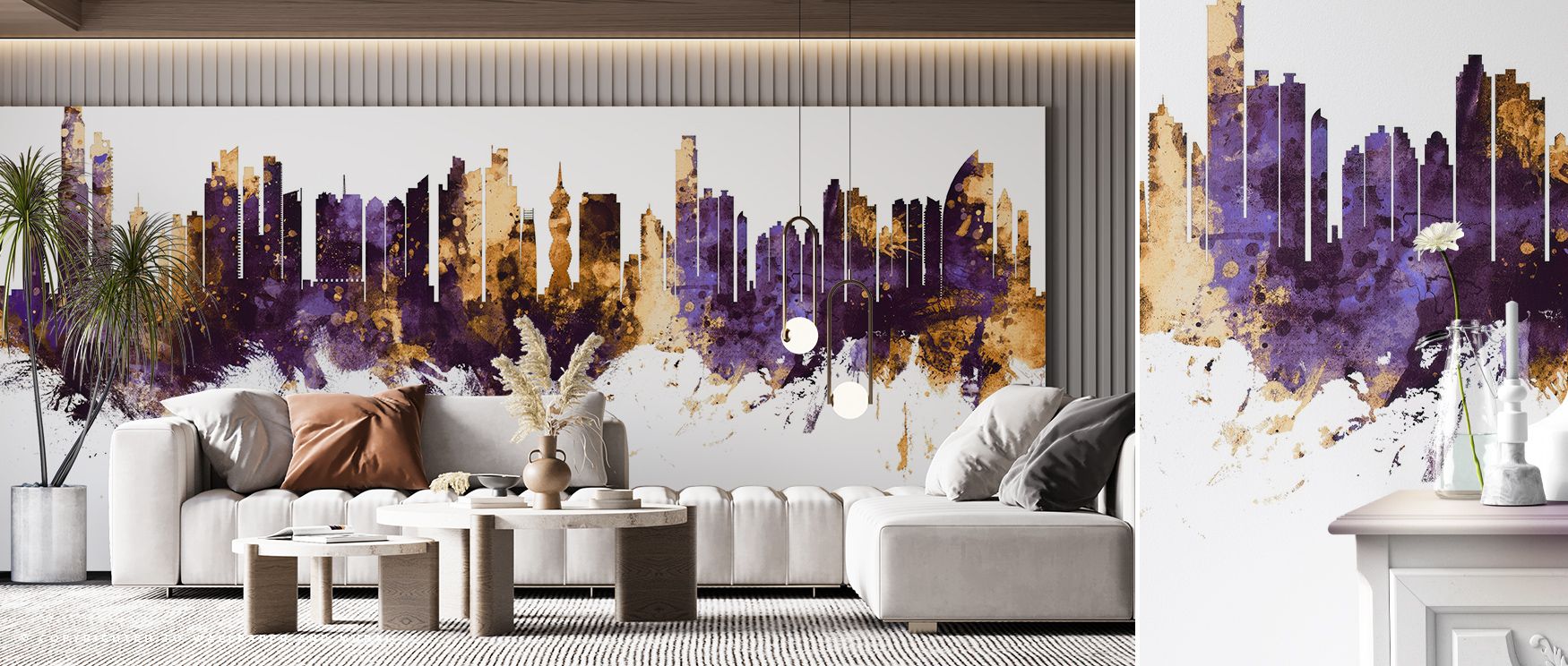 Deep violet shadows drift through Panama City Skyline Purple & Gold Wallpaper, highlighting modern structures with elegance. Each contour glows softly, creating unity and balance. The mural enriches interiors with poise, blending strength and calm through