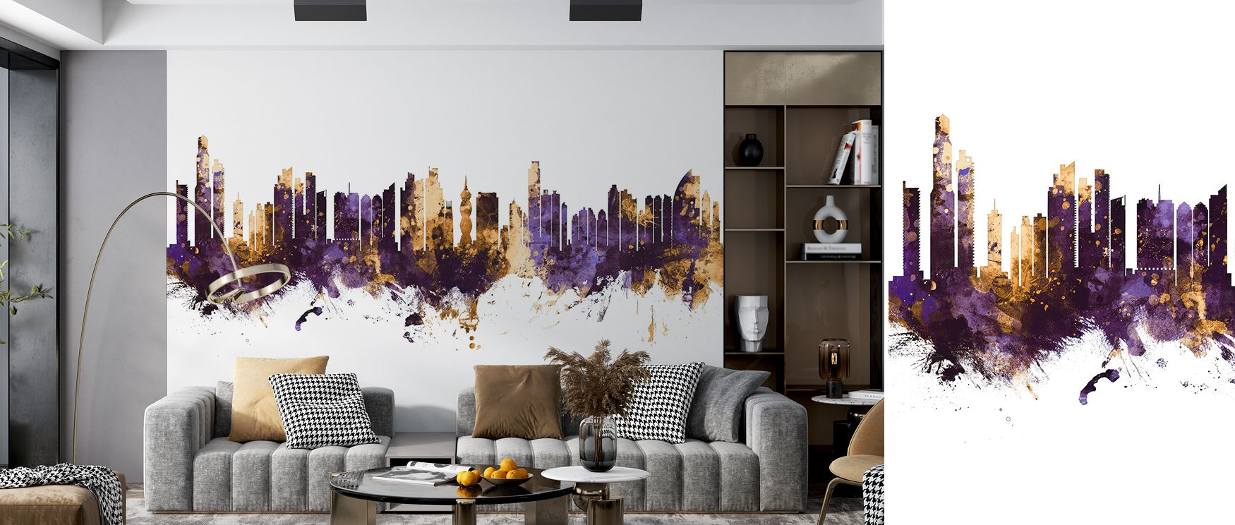 Amethyst light glows over golden silhouettes in Panama City Skyline Purple & Gold Wallpaper, revealing compositional depth and poise. Each line radiates structure and calm. The mural enriches interiors with luxurious serenity, blending tone and design in 