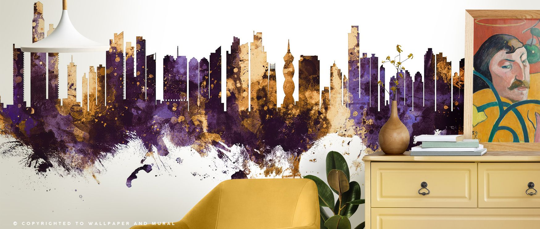 Hues of orchid and bronze shimmer across Panama City Skyline Purple & Gold Wallpaper, forming symmetry and light harmony. Each structure stands defined yet tranquil, embodying design serenity. The mural turns walls into panoramic reflections of balance, r