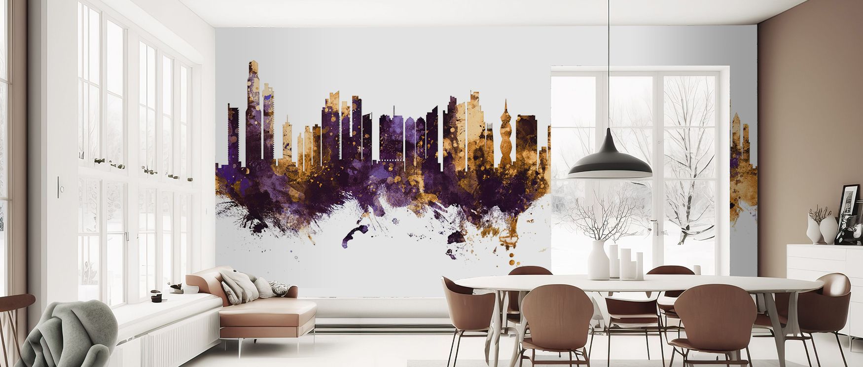 Soft metallic tones weave through Panama City Skyline Purple & Gold Wallpaper, capturing light through precision. Each skyline contour adds texture and composure. The mural enhances interiors with depth and warmth, evoking regal artistry and architectural