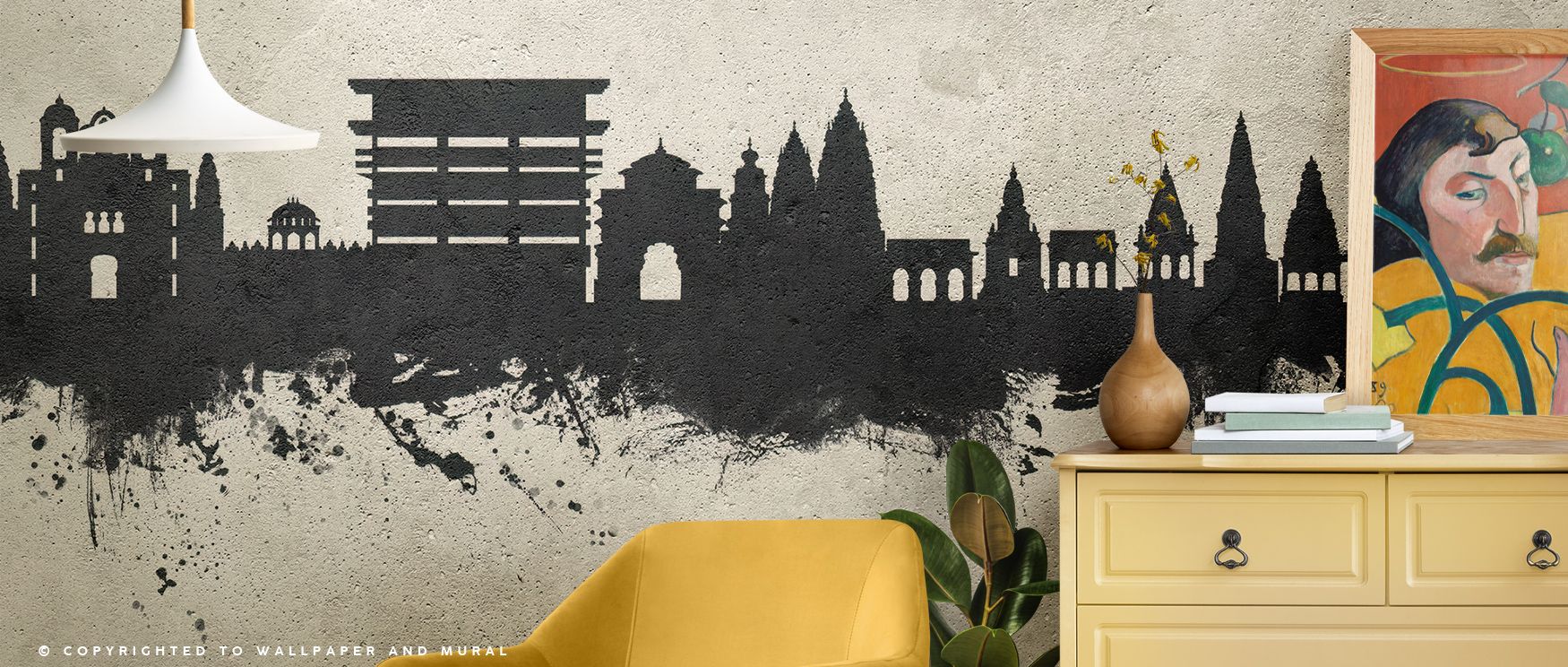 Subtle shades of smoke and pearl shimmer within Pandharpur India Skyline Concrete Wallpaper, creating visual harmony. Each skyline structure stands in equilibrium, offering grace and depth. The mural enriches interiors with contemporary poise, uniting lig