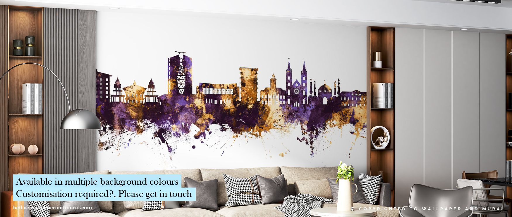 Hues of violet and bronze shimmer through Paramaribo Suriname Skyline Purple & Gold Wallpaper, forming a tranquil horizon. Each building glows subtly, enriching walls with serenity. The mural evokes design refinement, adding calm beauty and architectural 