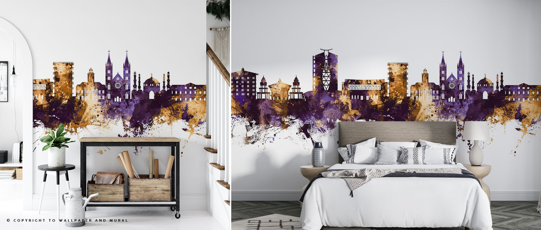 Gentle gradients of plum and amber define Paramaribo Suriname Skyline Purple & Gold Wallpaper, capturing visual rhythm. Each skyline element reflects elegance, turning interiors into poised reflections of urban light and shadow. The mural adds tone and tr