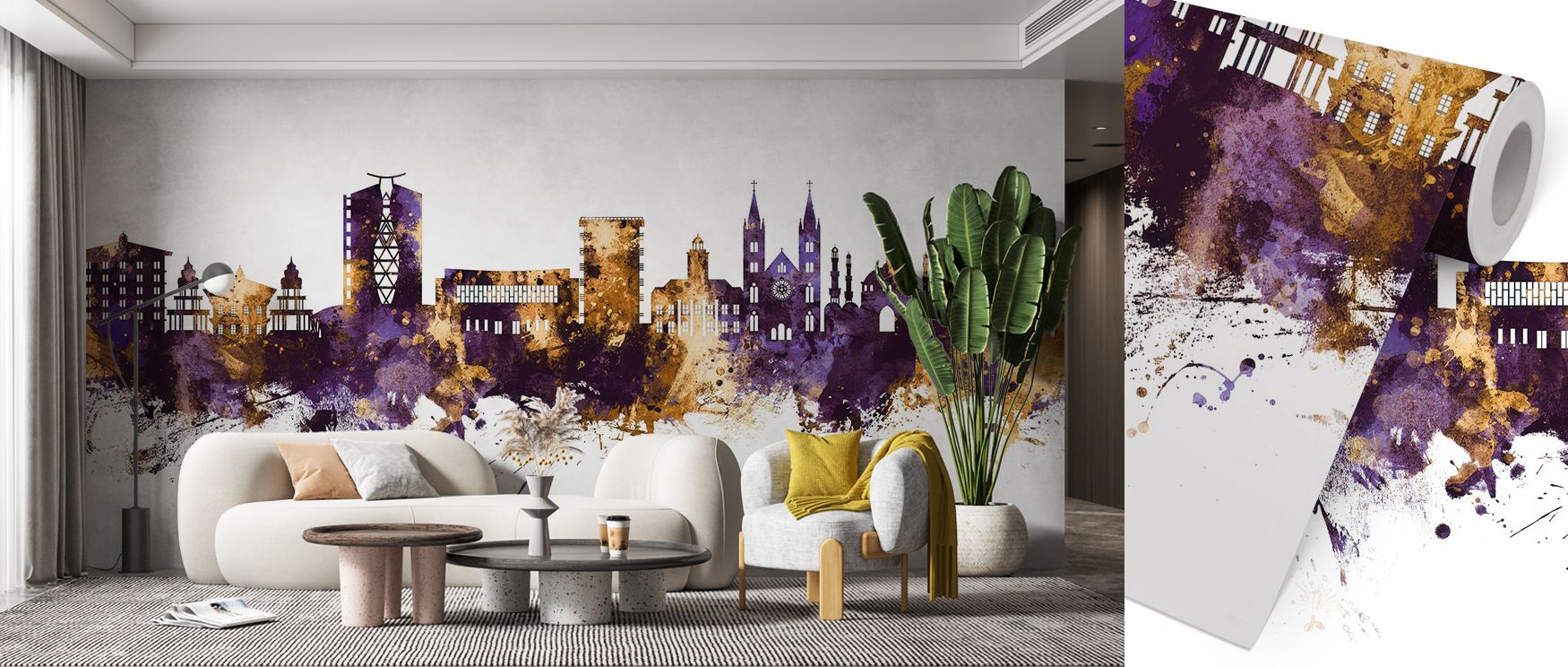 Golden silhouettes shimmer through Paramaribo Suriname Skyline Purple & Gold Wallpaper, offering light and balance. Each building rises with proportion and restraint, adding serene motion. The mural enriches interiors with warmth and depth, embodying arch