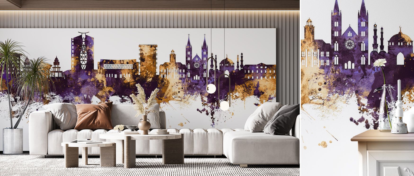 Soft glows of bronze ripple through Paramaribo Suriname Skyline Purple & Gold Wallpaper, portraying the skyline in still motion. Each detail carries quiet energy, creating visual unity. The mural evokes composure and richness, filling interiors with struc