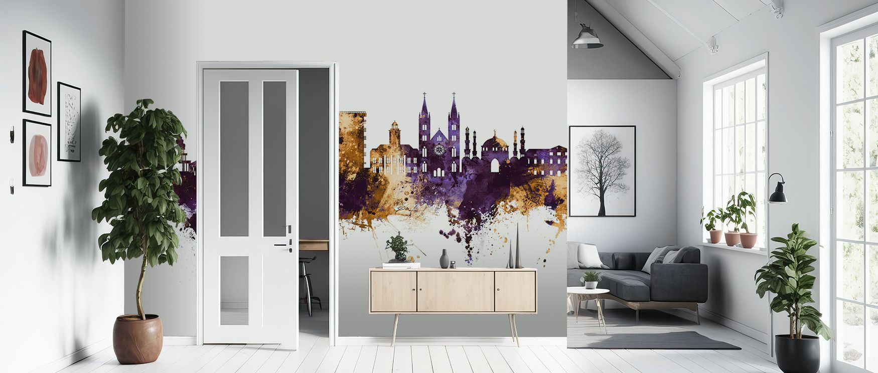 Warm violet tones blend with metallic reflection in Paramaribo Suriname Skyline Purple & Gold Wallpaper, expressing luxury through simplicity. Each silhouette radiates composure, turning interiors into modern sanctuaries filled with tone, rhythm, and quie