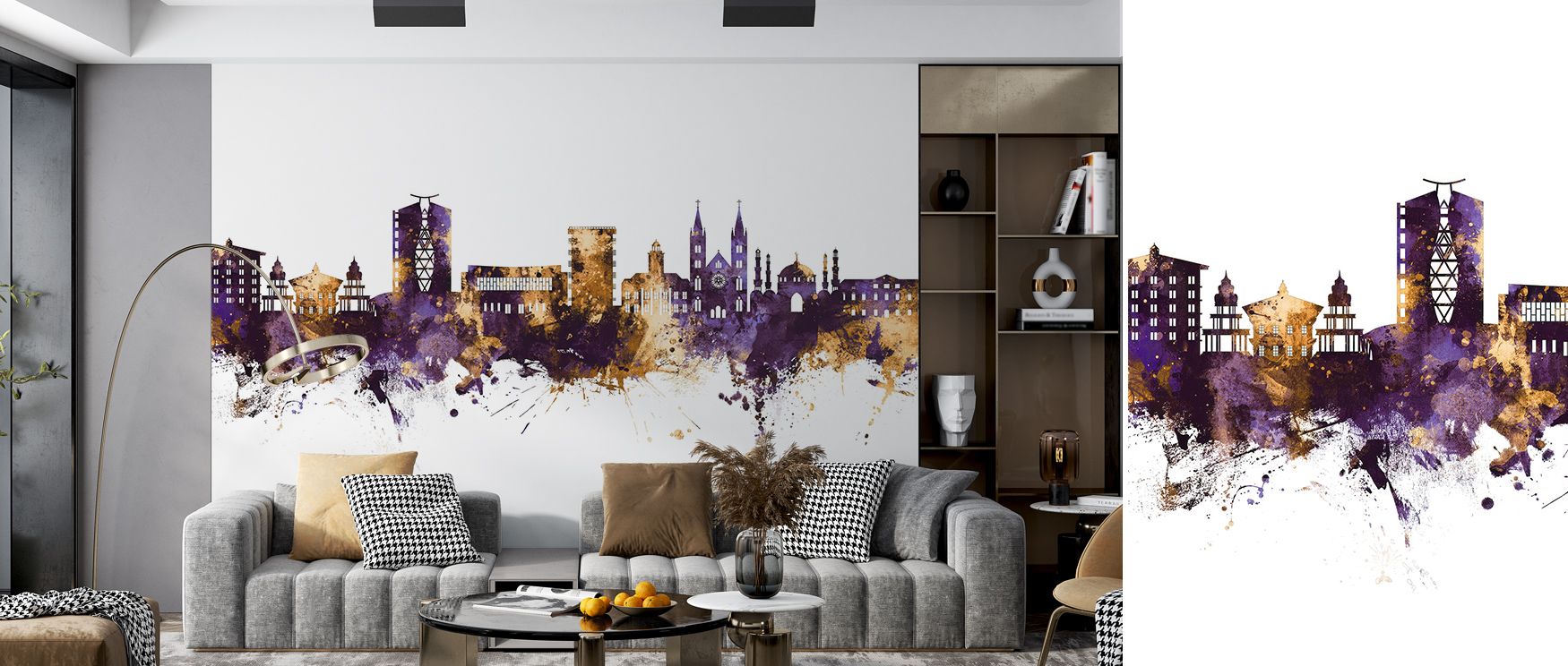 Subtle reflections glide through Paramaribo Suriname Skyline Purple & Gold Wallpaper, merging violet strength with golden light. Each contour reveals balance and clarity, adding warmth and sophistication. The mural transforms walls into serene architectur