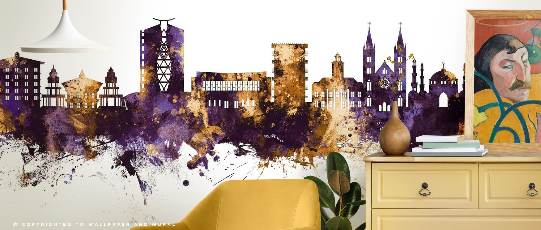 Twilight hues of gold and orchid sweep across Paramaribo Suriname Skyline Purple & Gold Wallpaper, evoking urban calm. Each structure glows with proportion and harmony. The mural enhances interiors with luminous rhythm, blending tone and poise through sop