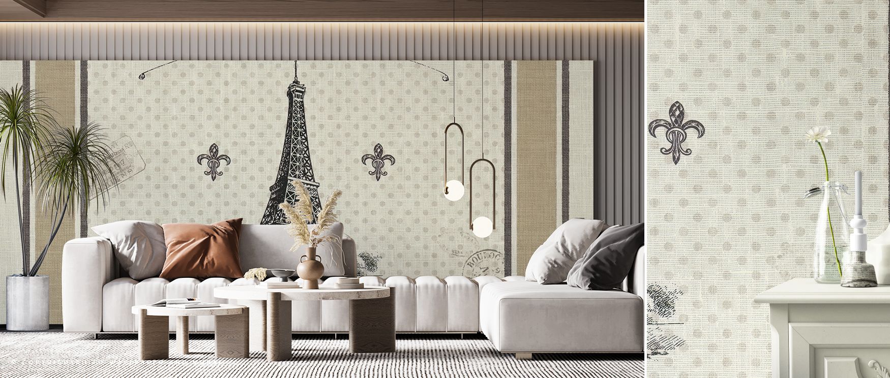 Muted pinks and gentle grays flow through Paris Love Wallpaper, harmonizing emotion and tone. Each motif carries light movement, adding compositional unity. The mural evokes tenderness and peace, transforming interiors into poetic reflections of love thro