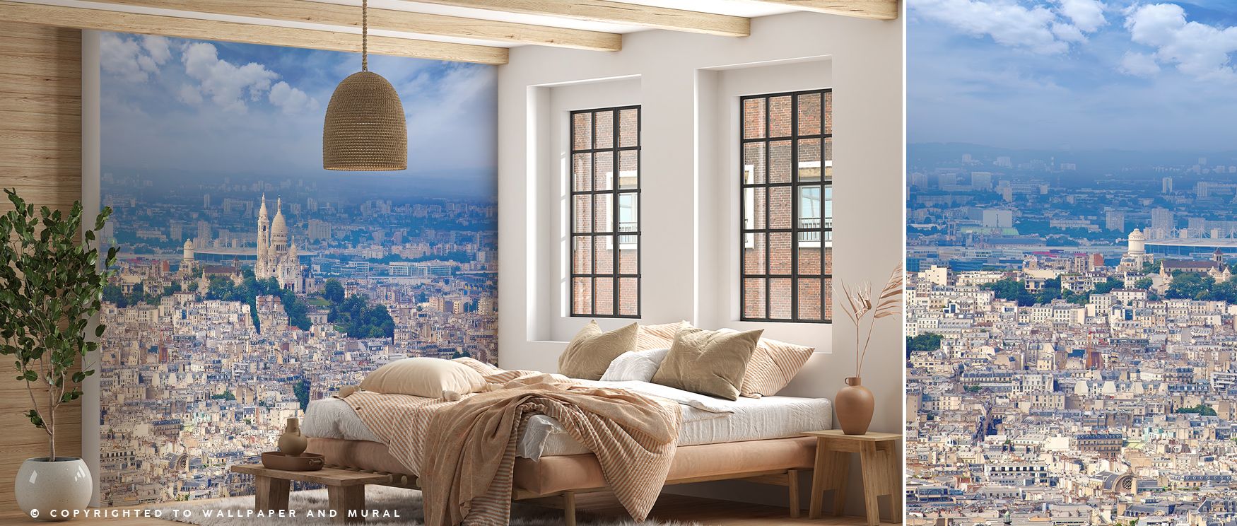 Warm silver tones drift through Paris Skyline and Sacré Coeur Wallpaper, merging tone and light. Each skyline contour adds grace and stillness, enhancing interiors with architectural symmetry. The mural captures history and modernity, turning walls into p