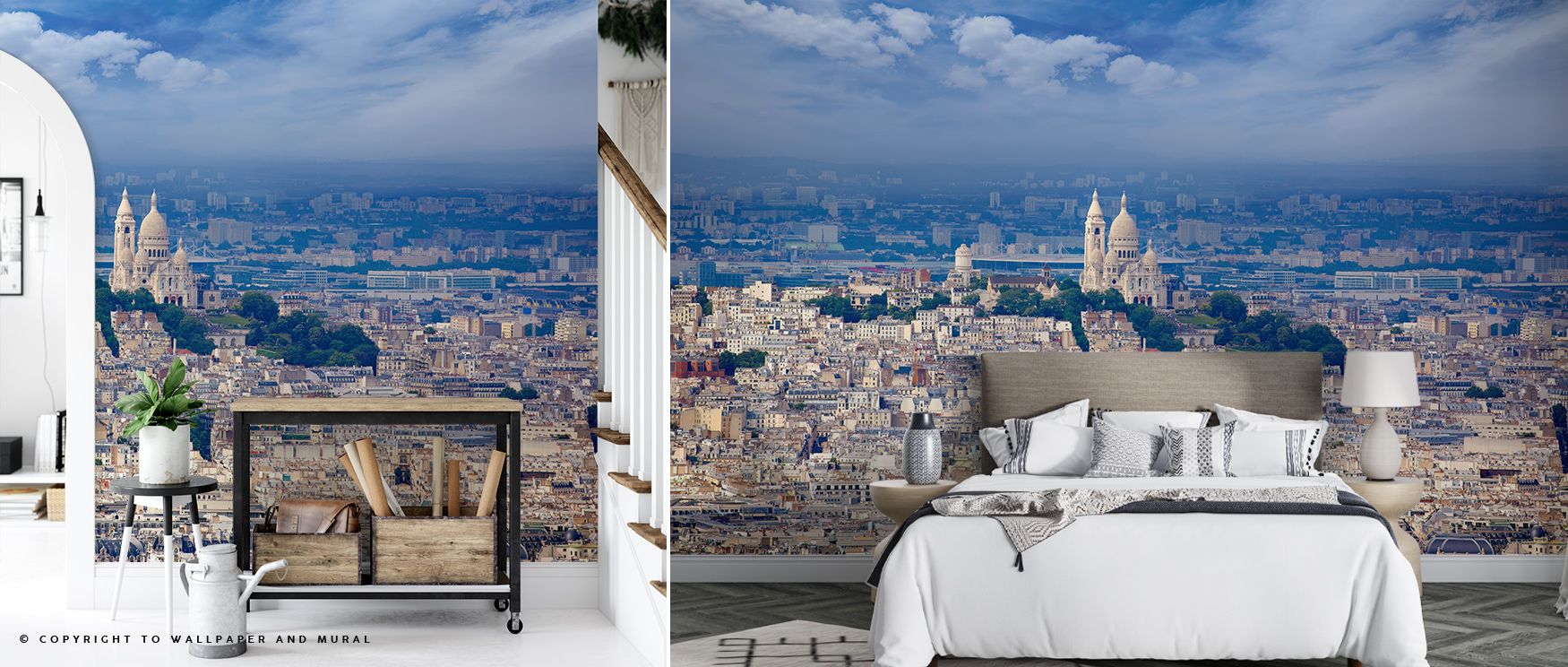 Shades of ash and pearl shimmer through Paris Skyline and Sacré Coeur Wallpaper, revealing structure and motion. Each silhouette glows under soft contrast, offering composure and refinement. The mural enhances interiors with quiet rhythm, reflecting the h