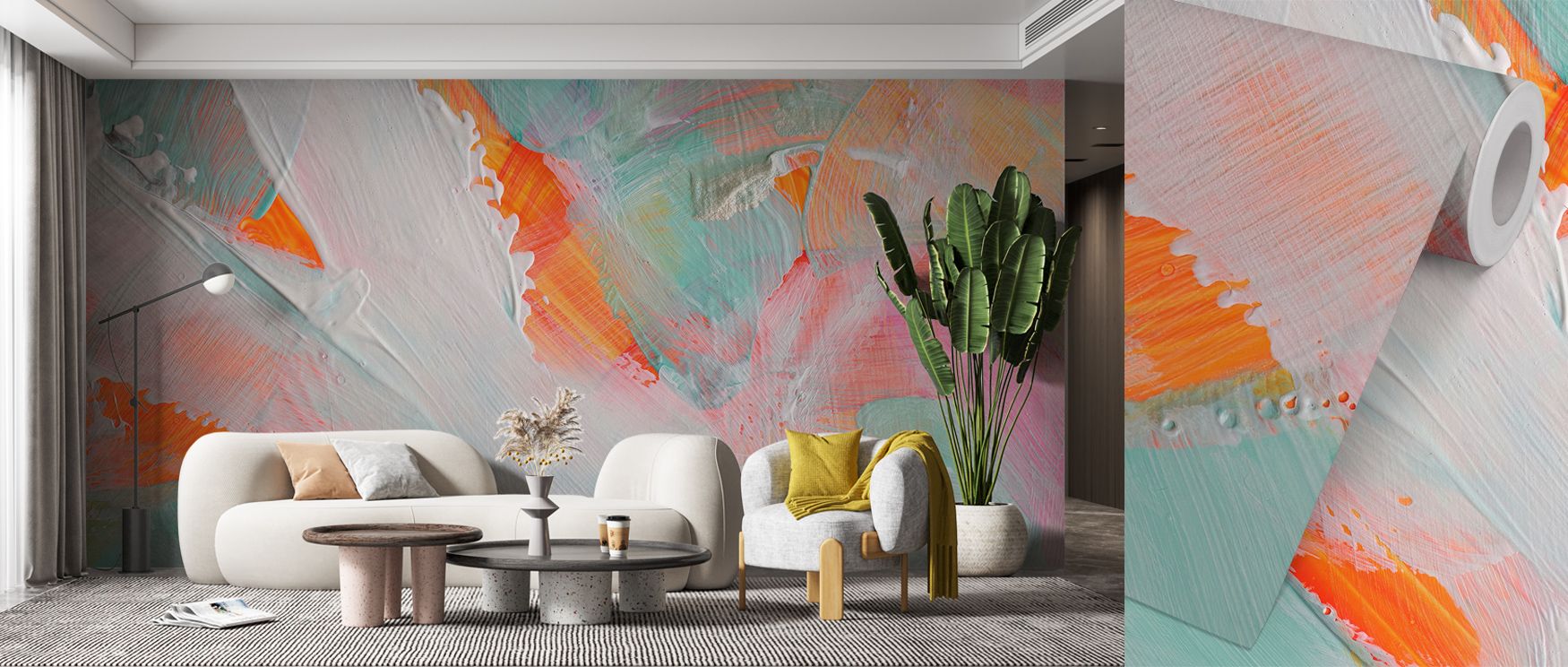 Airy tones of pink and seafoam ripple through Pastel Flow Wallpaper, forming compositional balance. Each hue glows softly, offering serenity. The mural enhances interiors with light and rhythm, creating fluid elegance through layered, tranquil artistry na