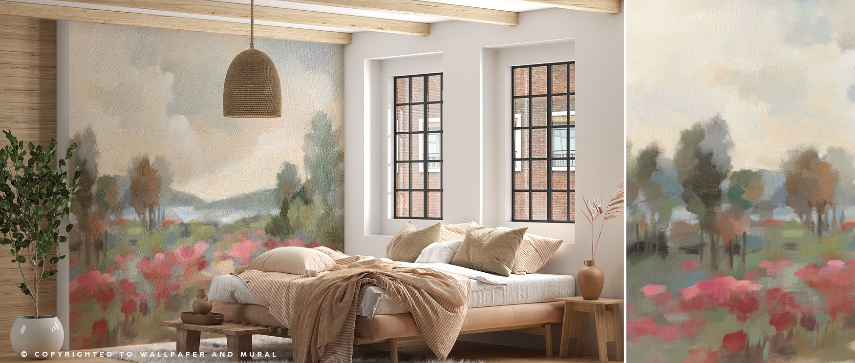 Subtle reflections shimmer across Path to the Lake Wallpaper, blending air and motion. Each tree and ripple adds movement and calm. The mural expresses balance through proportion and hue, turning walls into serene nature-inspired vistas filled with warmth