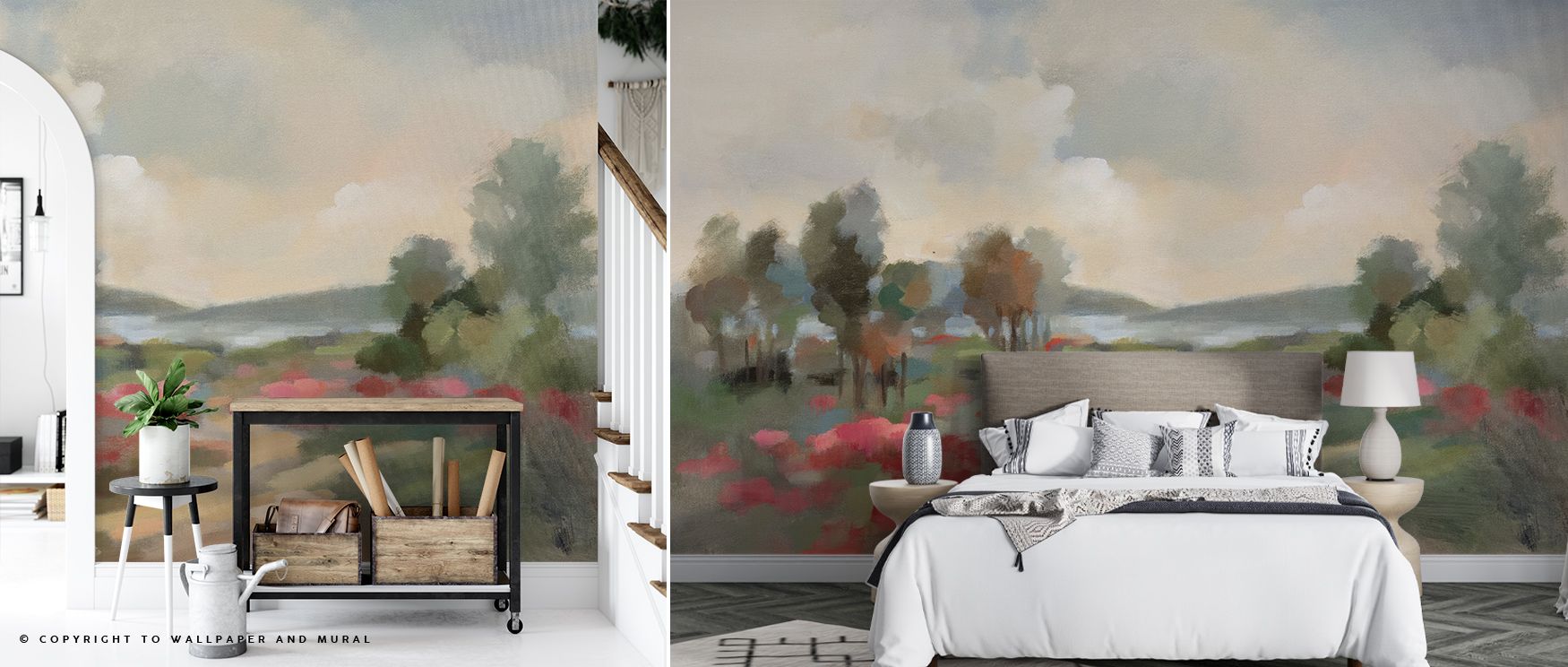 Sunlit tones glide through Path to the Lake Wallpaper, highlighting balance and space. Each form feels airy and organic, adding clarity and depth. The mural evokes movement within stillness, enriching interiors with calm natural design and emotional warmt