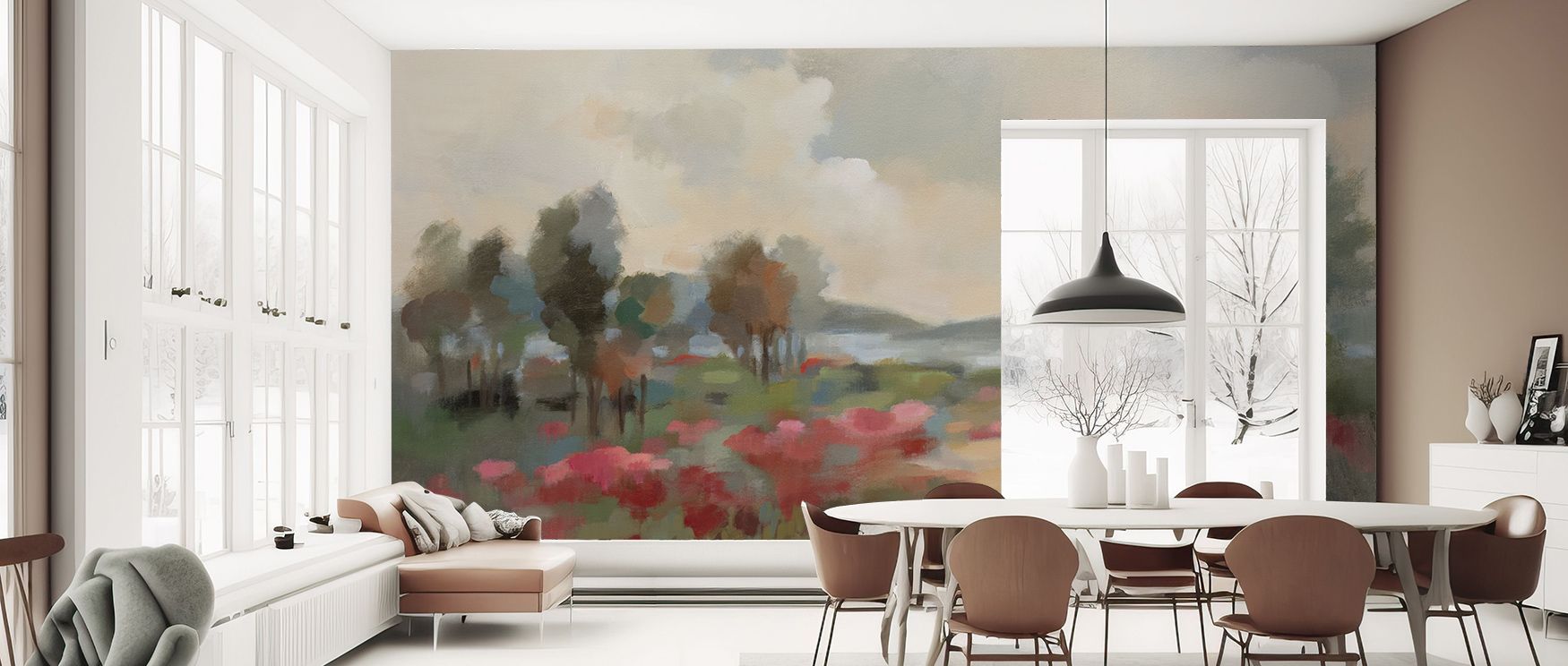 Gentle mist hues drift through Path to the Lake Wallpaper, capturing depth and emotion. Each tree silhouette conveys balance and stillness, turning walls into reflections of serenity. The mural creates atmosphere through tone, proportion, and poetic natur
