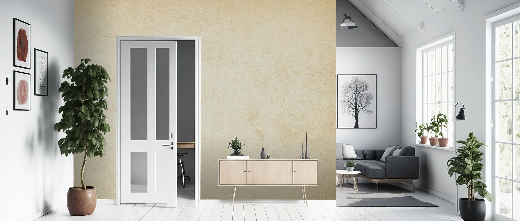Hints of pewter and clay drift through Patina Marks Wallpaper, creating layered contrast. Each tone merges softly, evoking calm rhythm. The mural enriches interiors with warmth and composure, blending texture, light, and proportion into tactile modern des