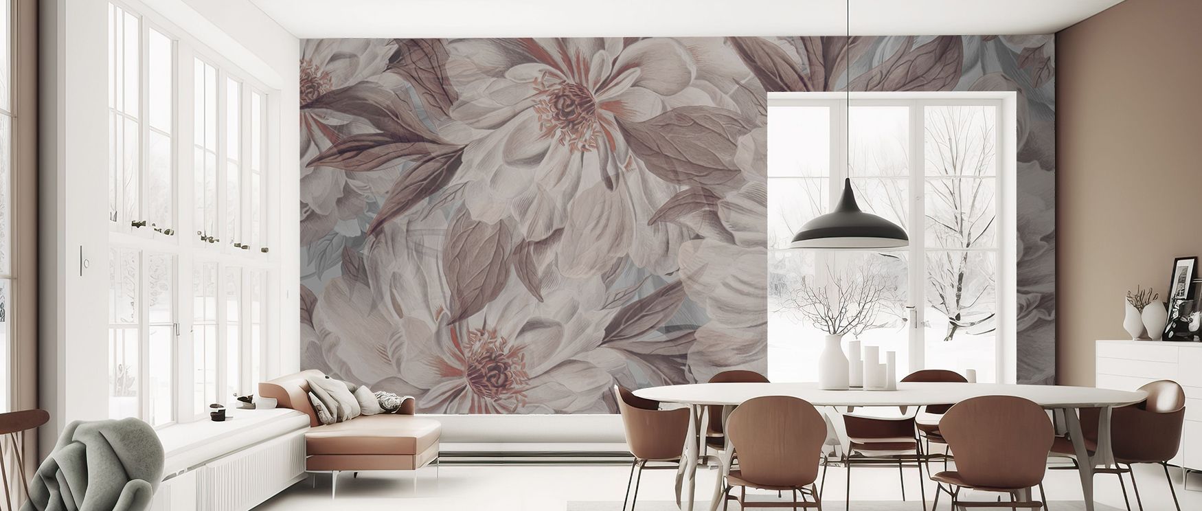 Faint pastel hues intertwine across Peony Study – Pink Oyster Wallpaper, forming seamless balance. Each bloom reflects light subtly, adding harmony. The mural enhances interiors with quiet elegance, turning walls into serene spaces filled with floral rhyt