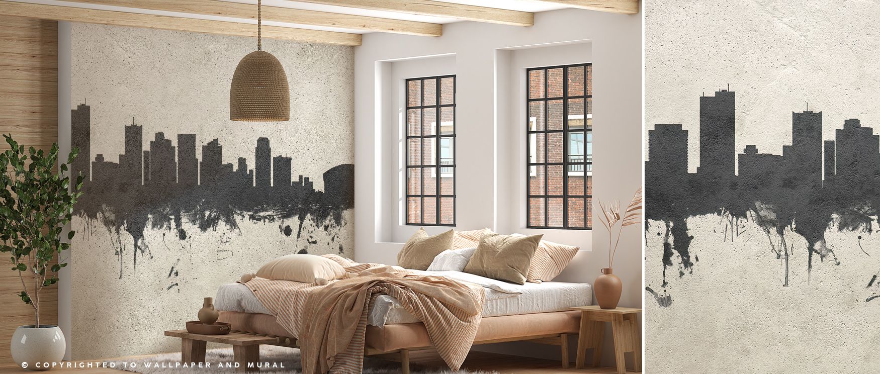 Muted tones of slate and pearl define Phoenix Skyline Concrete Wallpaper, reflecting balance and structure. Each line feels poised and luminous, offering compositional serenity. The mural enriches interiors with calm urban refinement, turning walls into e