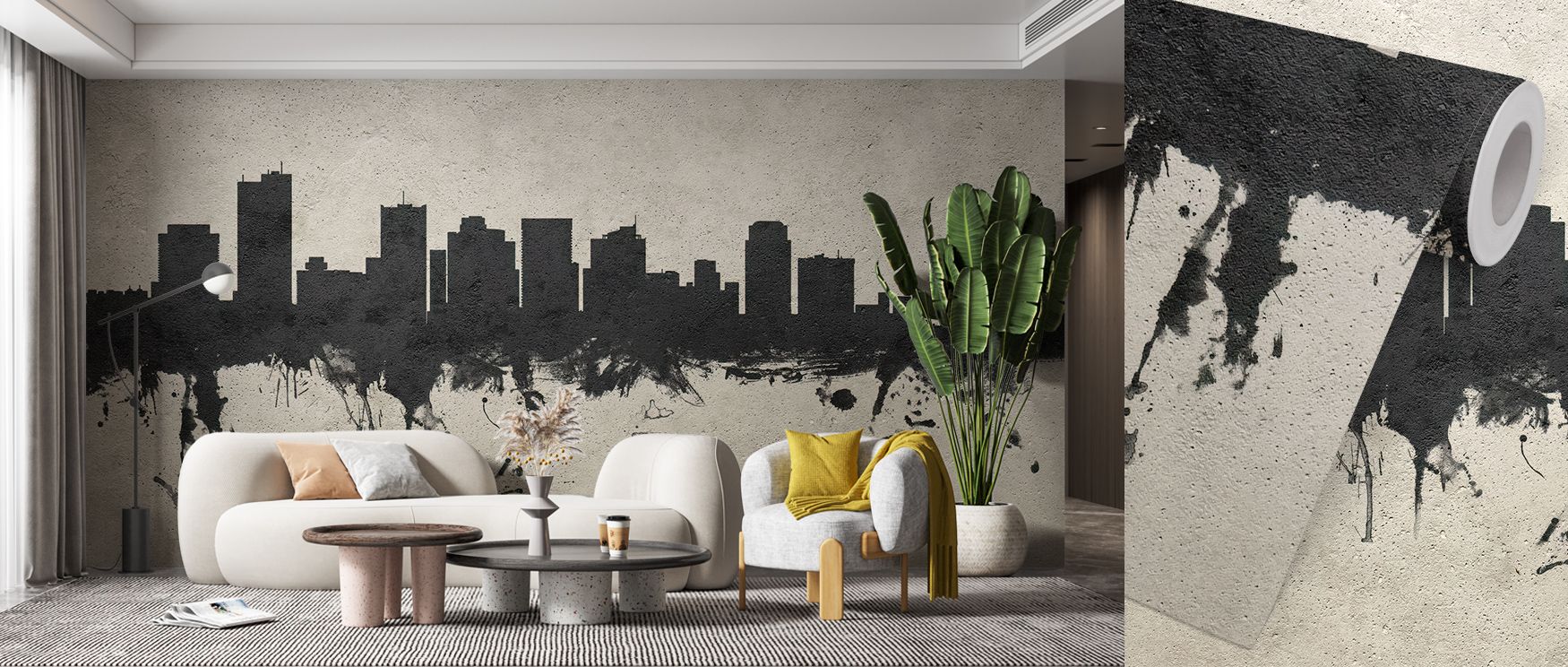 Refined cement textures appear through Phoenix Skyline Concrete Wallpaper, offering rhythm and scale. Each skyline form feels sculptural, adding dimension and grace. The mural enhances interiors with balance and composure, capturing architectural beauty a