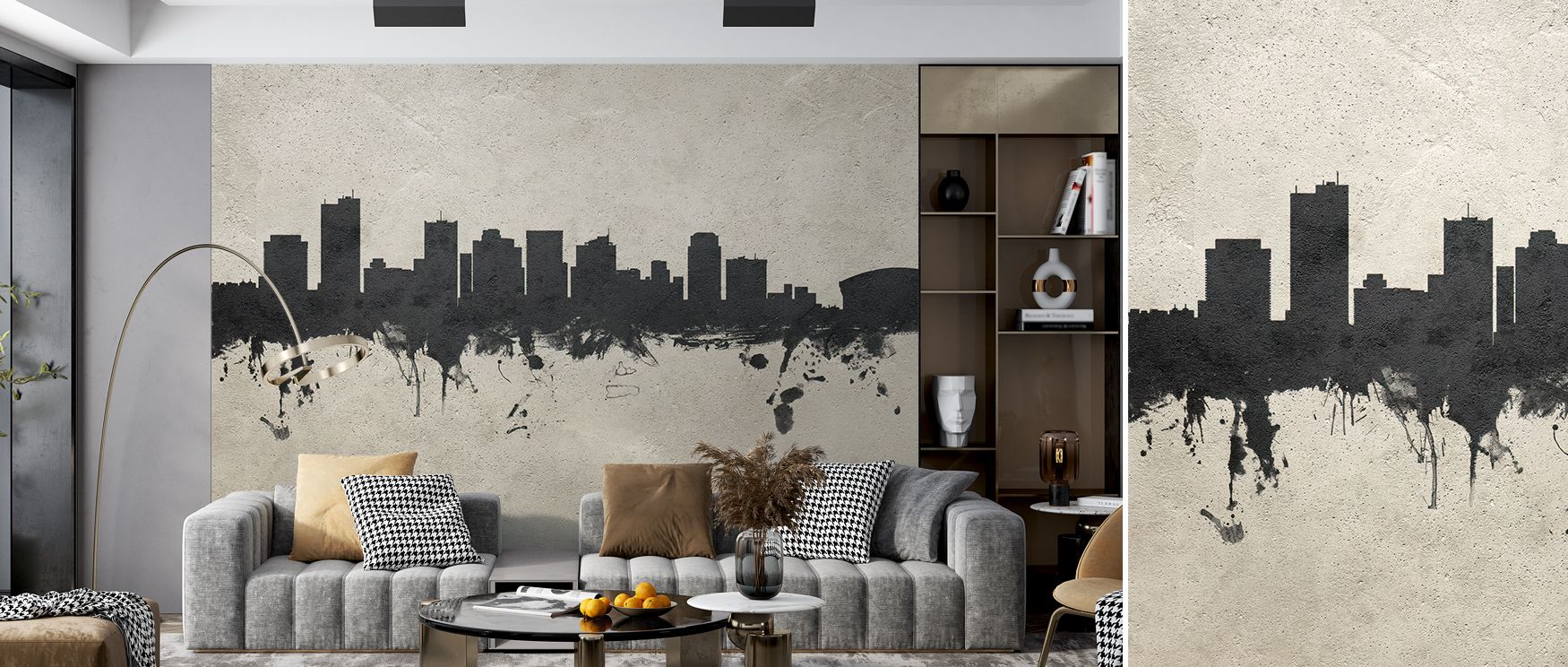 Shades of graphite and mist flow through Phoenix Skyline Concrete Wallpaper, forming composure and order. Each silhouette merges gently with tone, enhancing interiors with peaceful rhythm, architectural simplicity, and modern elegance through design.