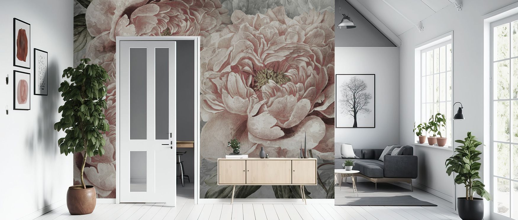 Pions Dream Wallpaper carries serenity in its design, where blossoms seem to float effortlessly. The interplay of color and shadow creates a balanced harmony, evoking natural stillness and floral tenderness for peaceful living environments. 