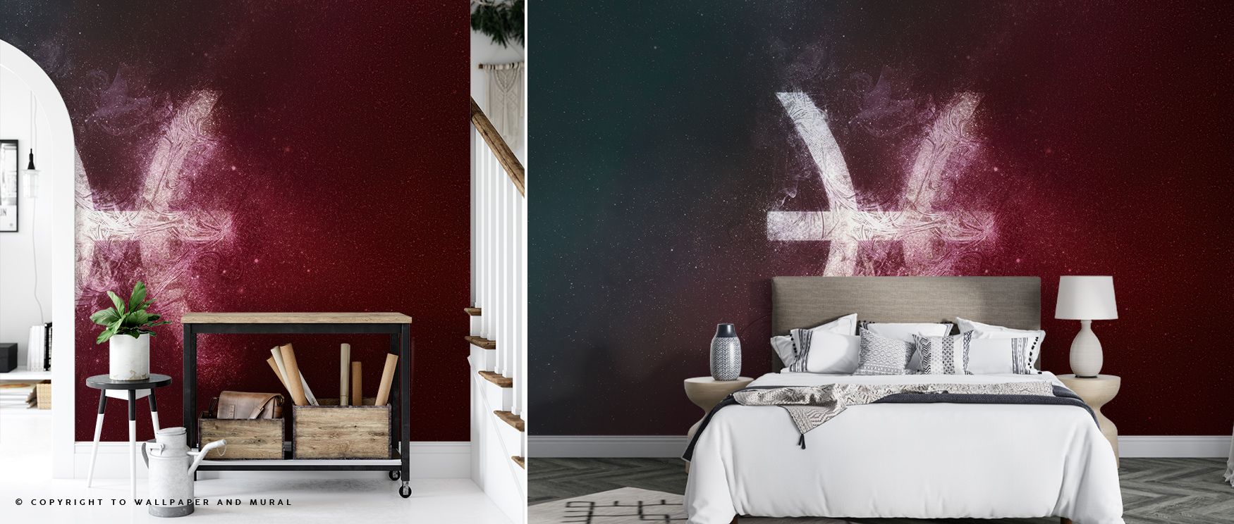 Soft metallic tones sparkle through Pisces Zodiac of Stars Wallpaper, reflecting proportion and calm. Each curve connects to cosmic rhythm, creating balance. The mural enhances interiors with poetic serenity, offering structure and mystery through univers