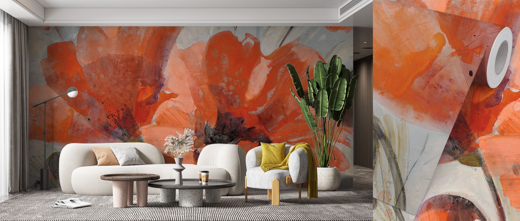 Bold pigments swirl through Popping Wallpaper, creating playful energy and motion. Each form carries rhythm, evoking emotion. The mural turns interiors into living art, merging intensity and balance through dynamic tone and visual proportion. 
