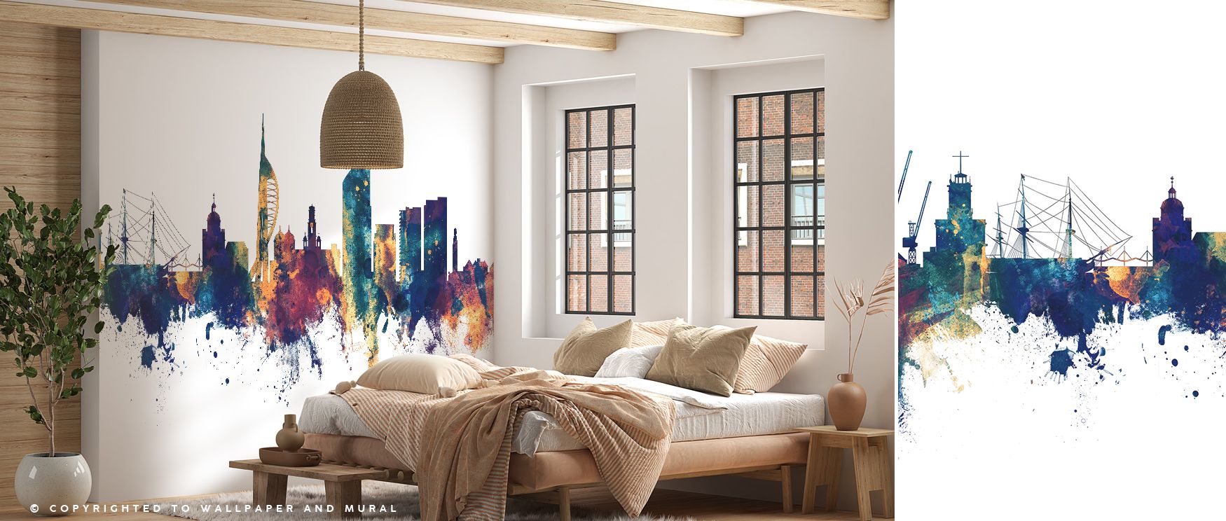 Hues of blue and amber shimmer through Portsmouth England Skyline Blue & Bronze Wallpaper, evoking stillness and light. Each skyline contour expresses rhythm, offering harmony. The mural transforms interiors with composure and proportion, embodying archit