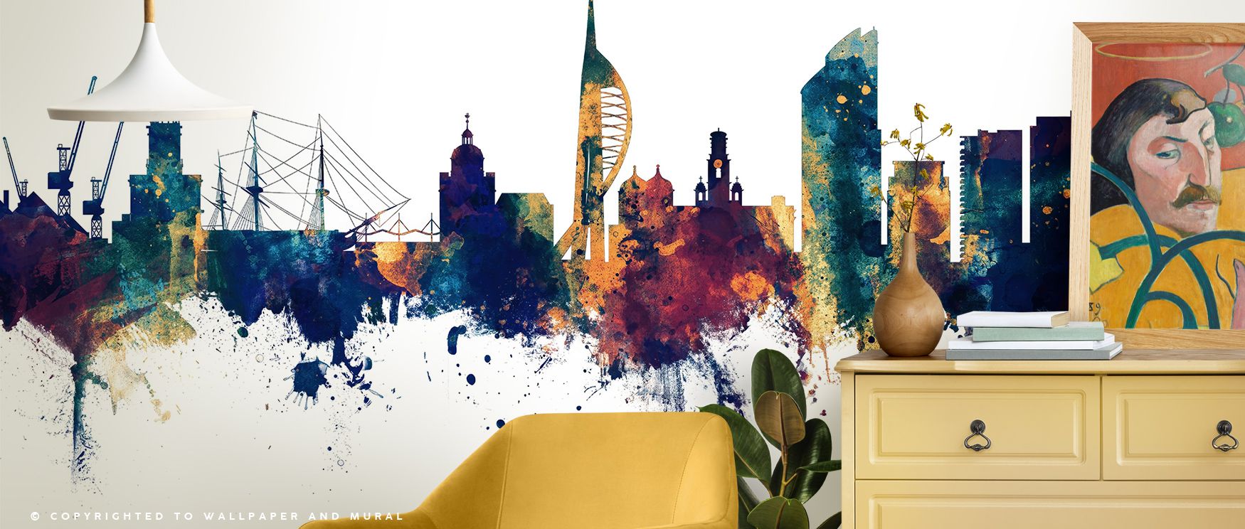 Muted metallic tones shimmer through Portsmouth England Skyline Blue & Bronze Wallpaper, revealing contrast and stillness. Each skyline element glows with calm. The mural enriches interiors with urban grace, reflecting architectural precision through mode