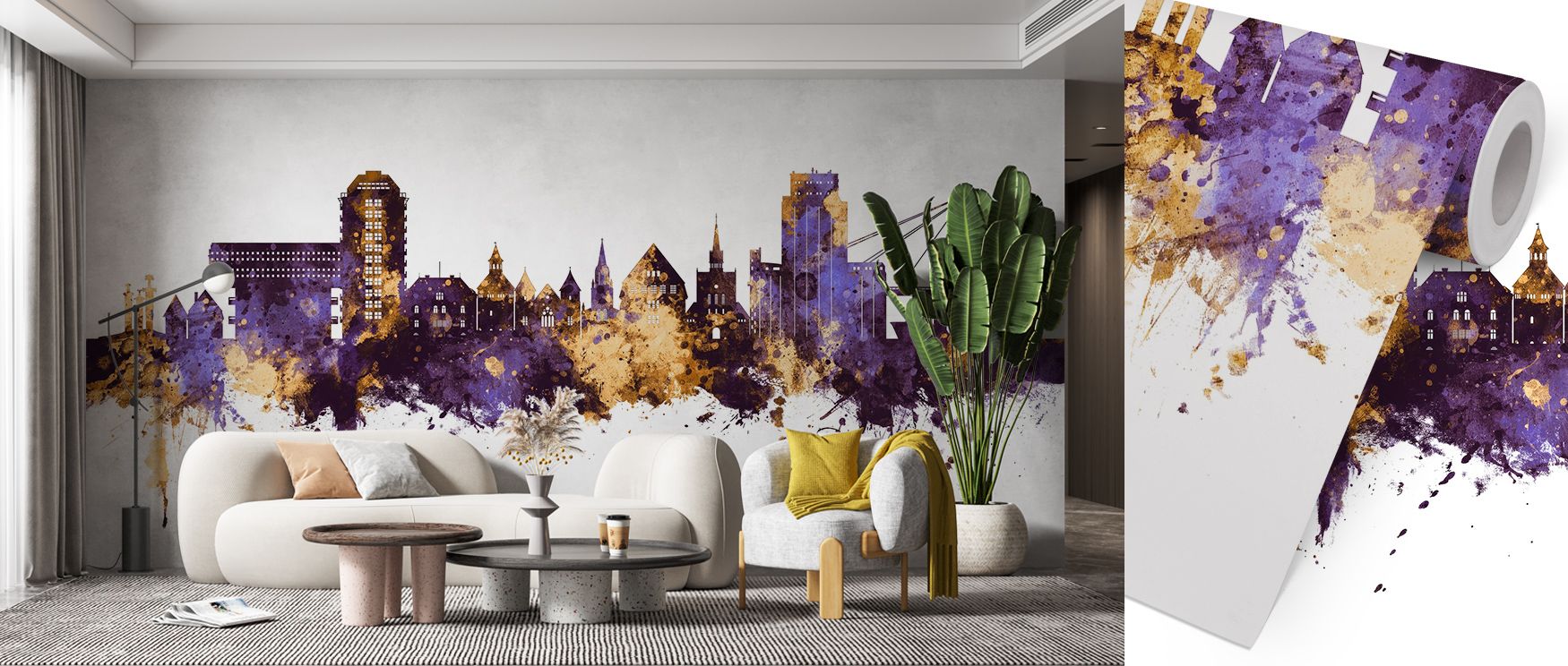 Shades of violet and honey gold glide across Purple & Gold Wallpaper, forming unity and rhythm. Each layer reflects structure and warmth, transforming interiors into serene spaces filled with color harmony and compositional grace. 