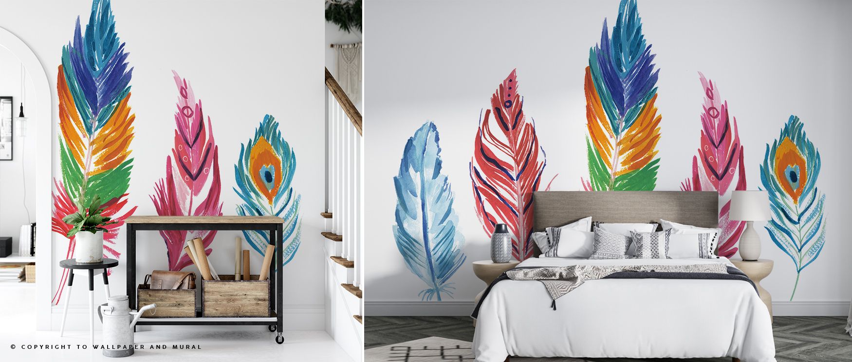 The composition of Rainbow Feathers IV Wallpaper unfolds like a painter’s dream where colour breathes and light glides across textured surfaces. Each plume evokes movement, forming elegant arcs that unite vibrancy and stillness. Perfect for lively yet pea