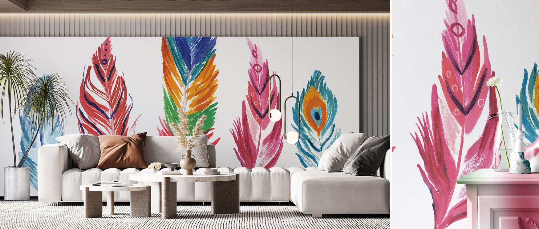 With each brushlike contour, Rainbow Feathers IV Wallpaper mirrors the serenity of nature’s rhythm. Colours fuse into gentle motion reminiscent of drifting wings at dawn, imparting a soothing yet invigorating atmosphere ideal for interiors craving imagina