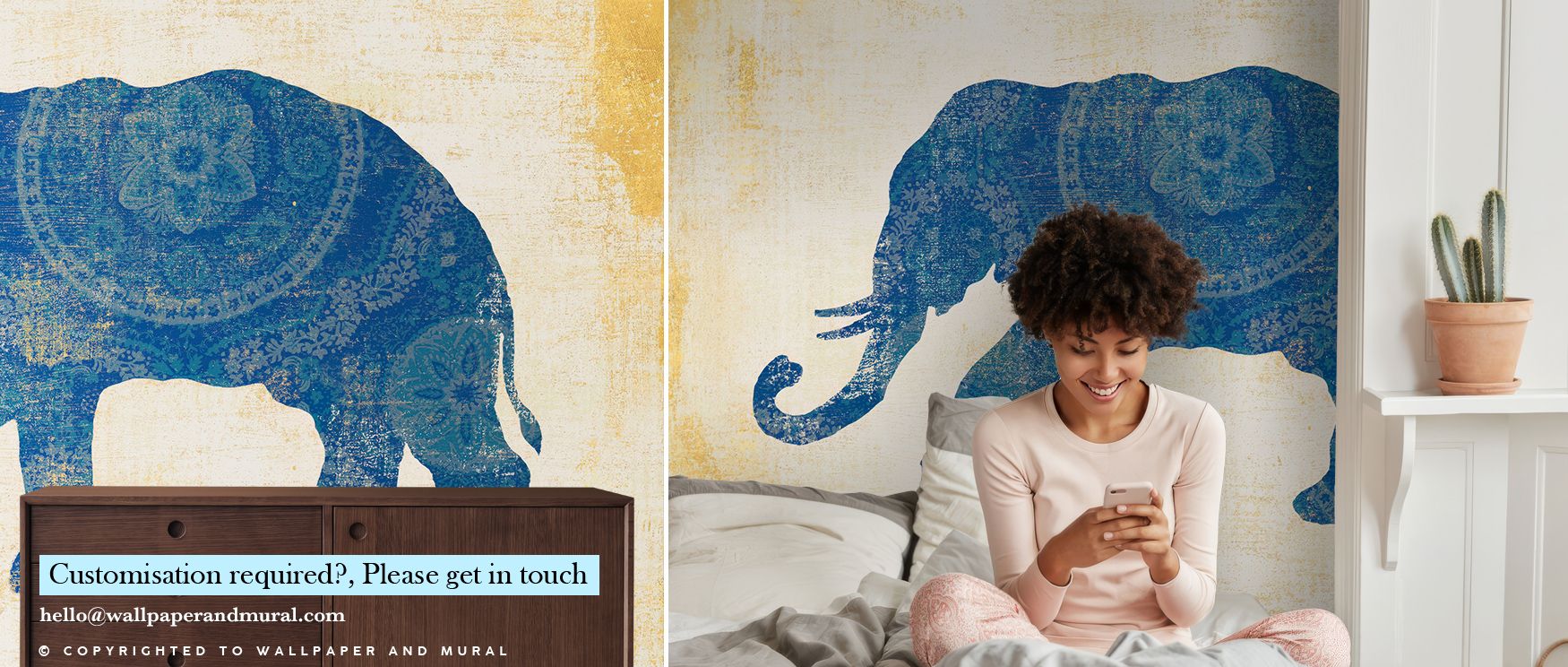 In Raja Elephant II Wallpaper, artistry and nature converge through delicate detailing and balanced rhythm. The elephants stand in peaceful unity, their golden silhouettes echoing stories of strength and wisdom, creating interiors defined by calm sophisti